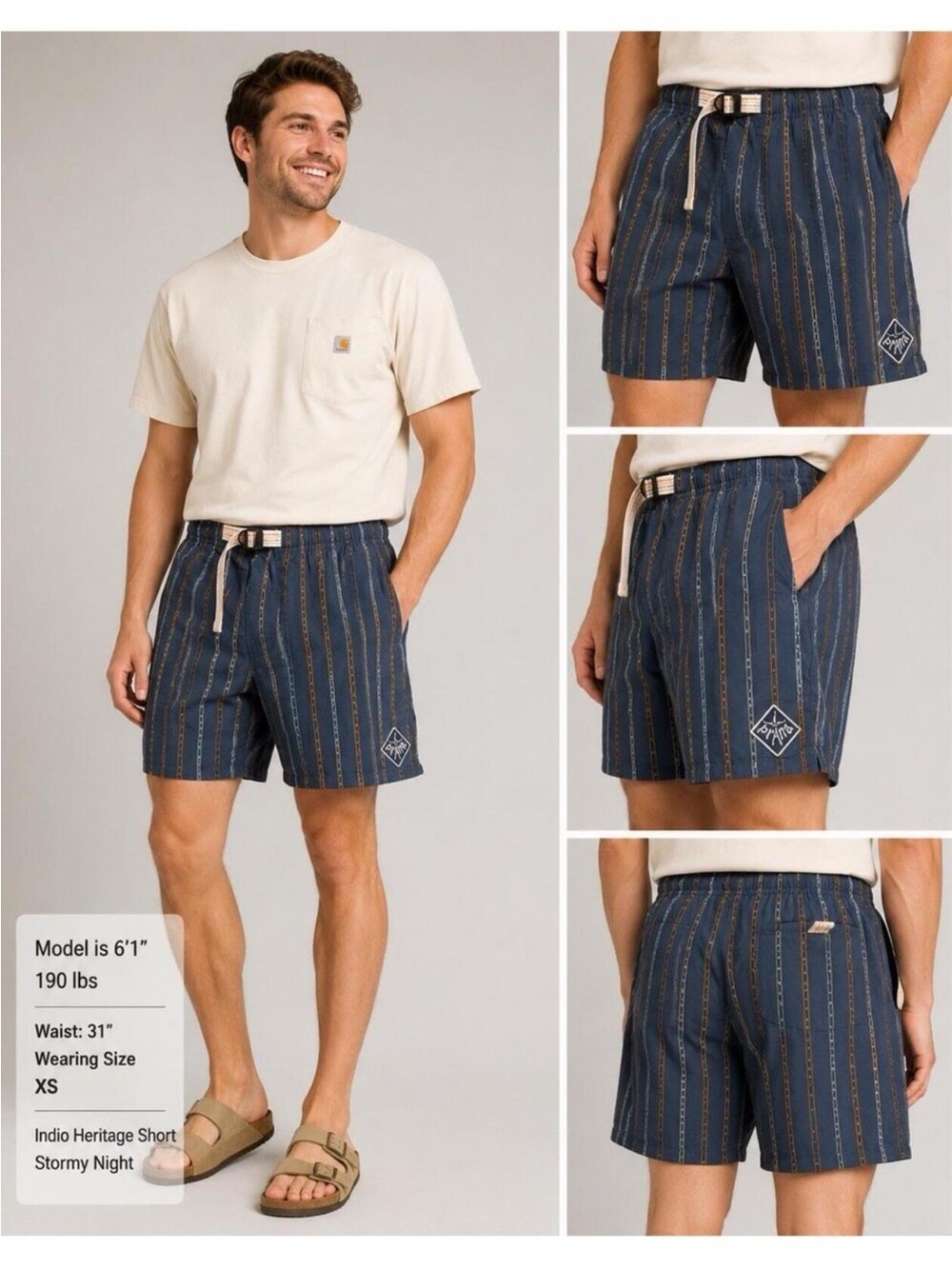 Prana Indio Heritage Short Men's Medium Belted Stormy Night Blue Striped XS